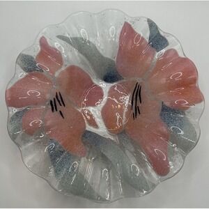 SYDENSTRICKER Fused Glass Fluted Small Bowl Pink Flowers Small Candy Dish VTG